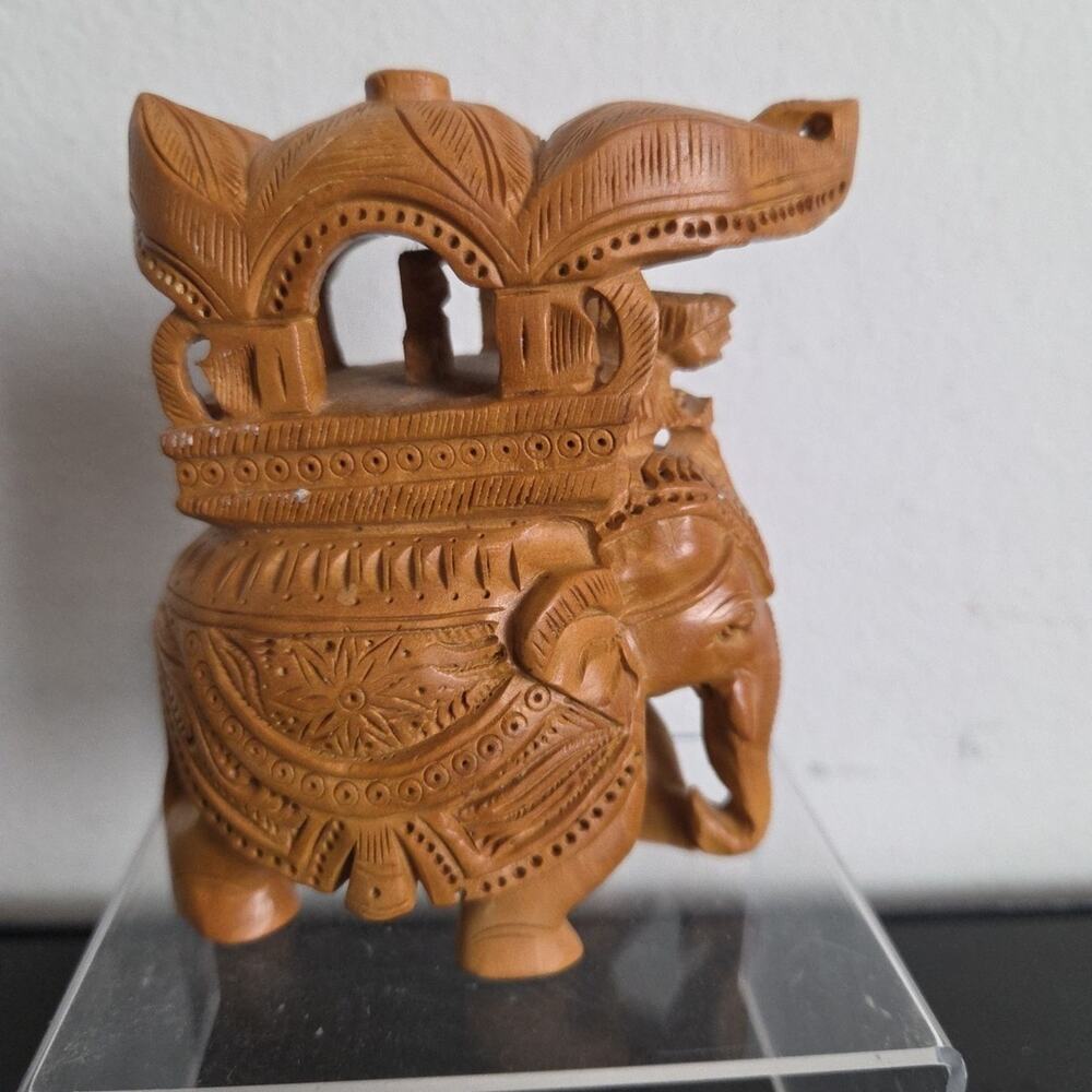 Ornate Wood Carved Elephant Statue Hand Crafted Howdah Carriage Sculpture